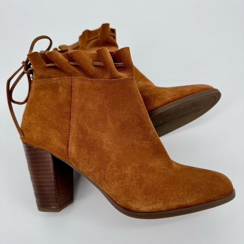 Crown & Ivy morcella dark camel leather-suede ruffle ankle booties